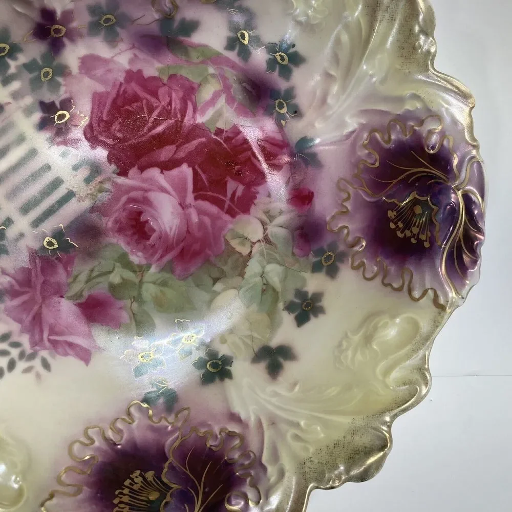Antique‎ 10.5” Bowl A F S P Roses Scalloped Center Bowl Gold Pink Green Purple